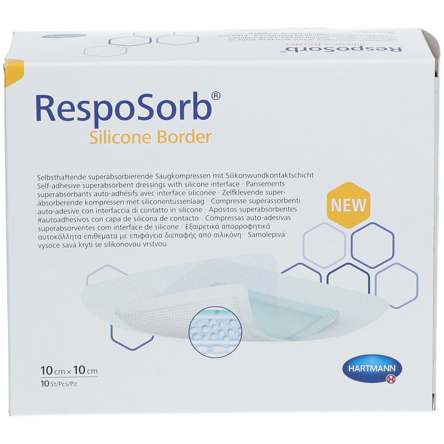Verpakking RespoSorb Silicone Border, 10x10cm, 10 stuks. Hartmann logo en productnaam. 'NEW' label.