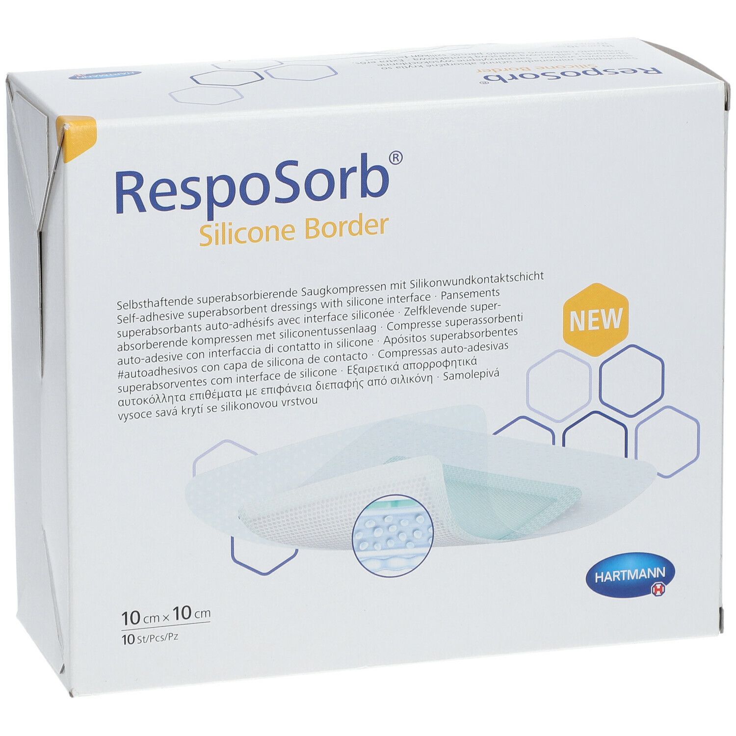 Verpakking RespoSorb Silicone Border, 10x10cm, 10 stuks. Hartmann logo en productnaam. 'NEW' label.