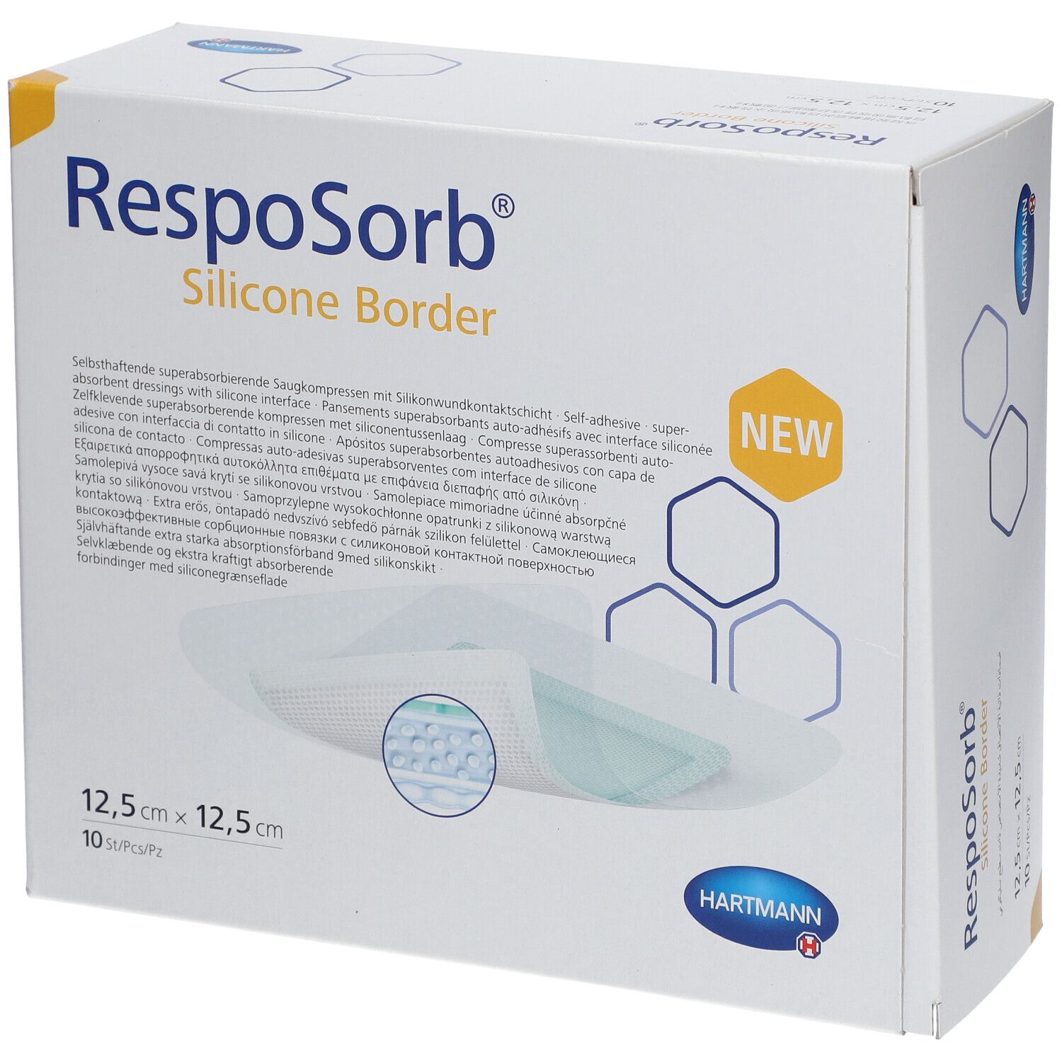 Verpakking van RespoSorb Silicone Border, 12,5 x 12,5 cm. Bevat 10 stuks. Hartmann-logo. Opschrift: NEW.