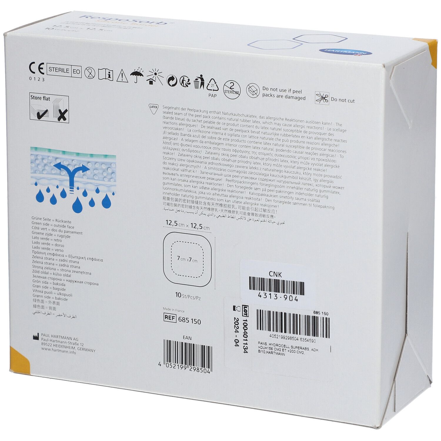 Achterkant van de verpakking van RespoSorb Silicone Border. Productinformatie, maat 12,5 x 12,5 cm, 10 stuks. Barcode en lotnummer.