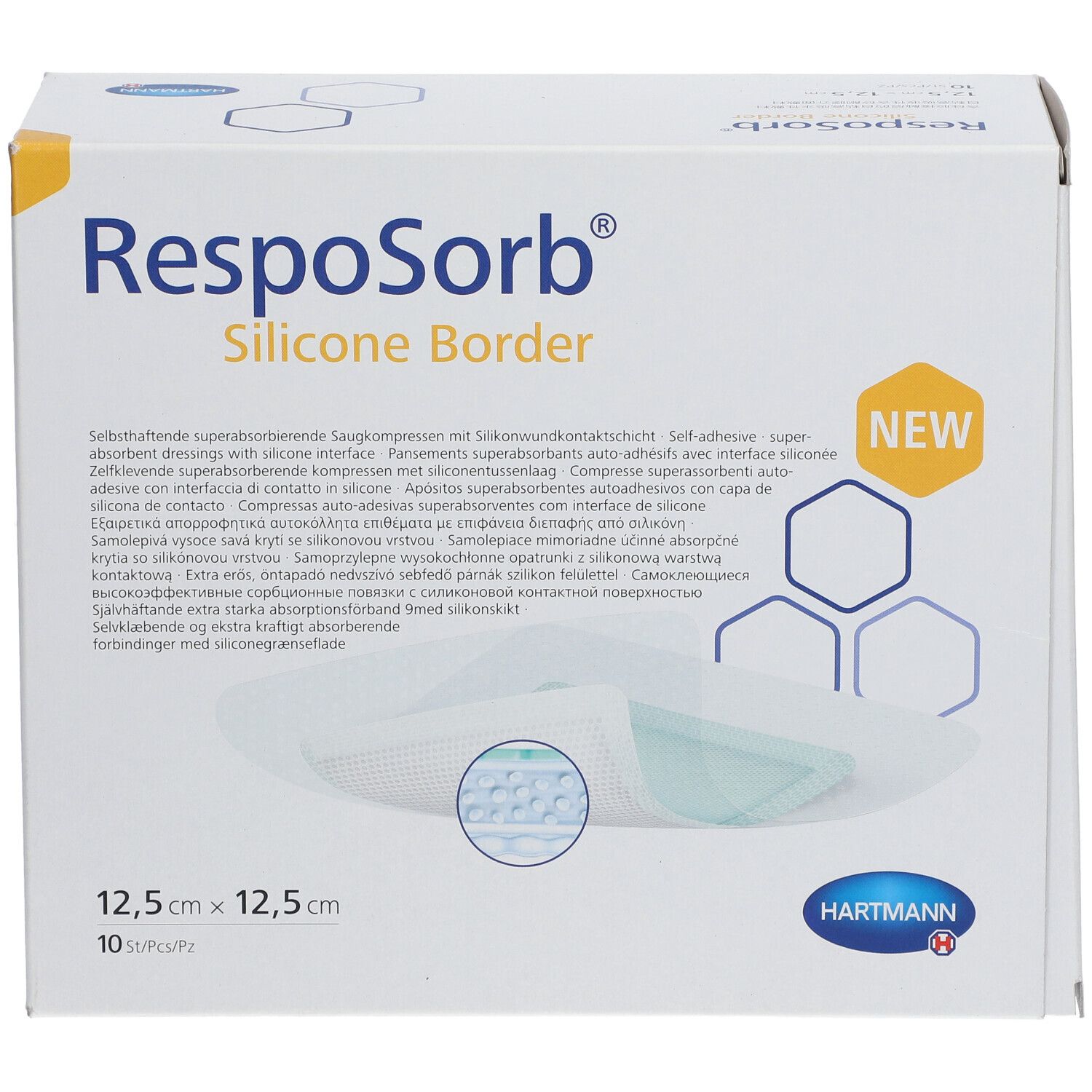 Verpakking van RespoSorb Silicone Border, 12,5 x 12,5 cm. Bevat 10 stuks. Hartmann-logo. Opschrift: NEW.