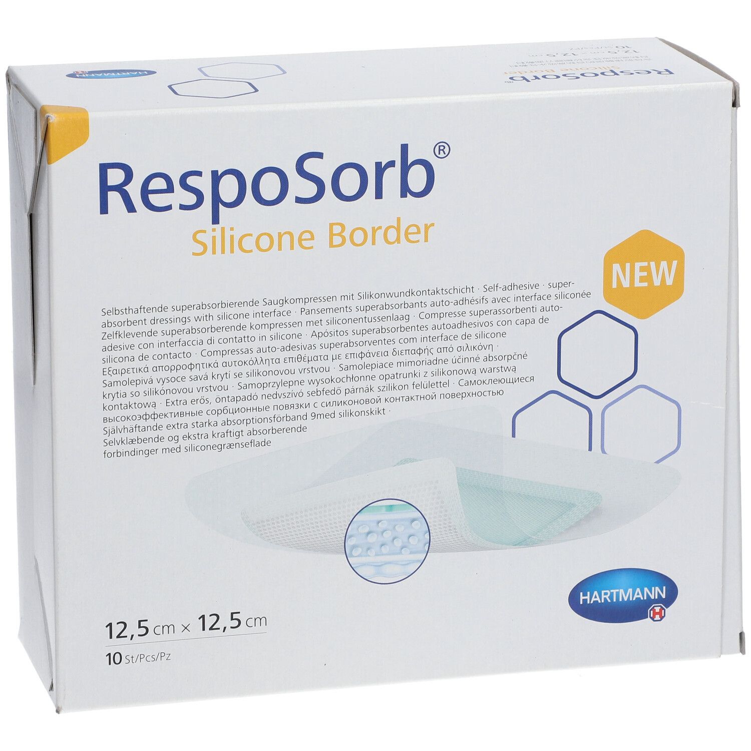 Verpakking van RespoSorb Silicone Border, 12,5 x 12,5 cm. Bevat 10 stuks. Hartmann-logo. Opschrift: NEW.