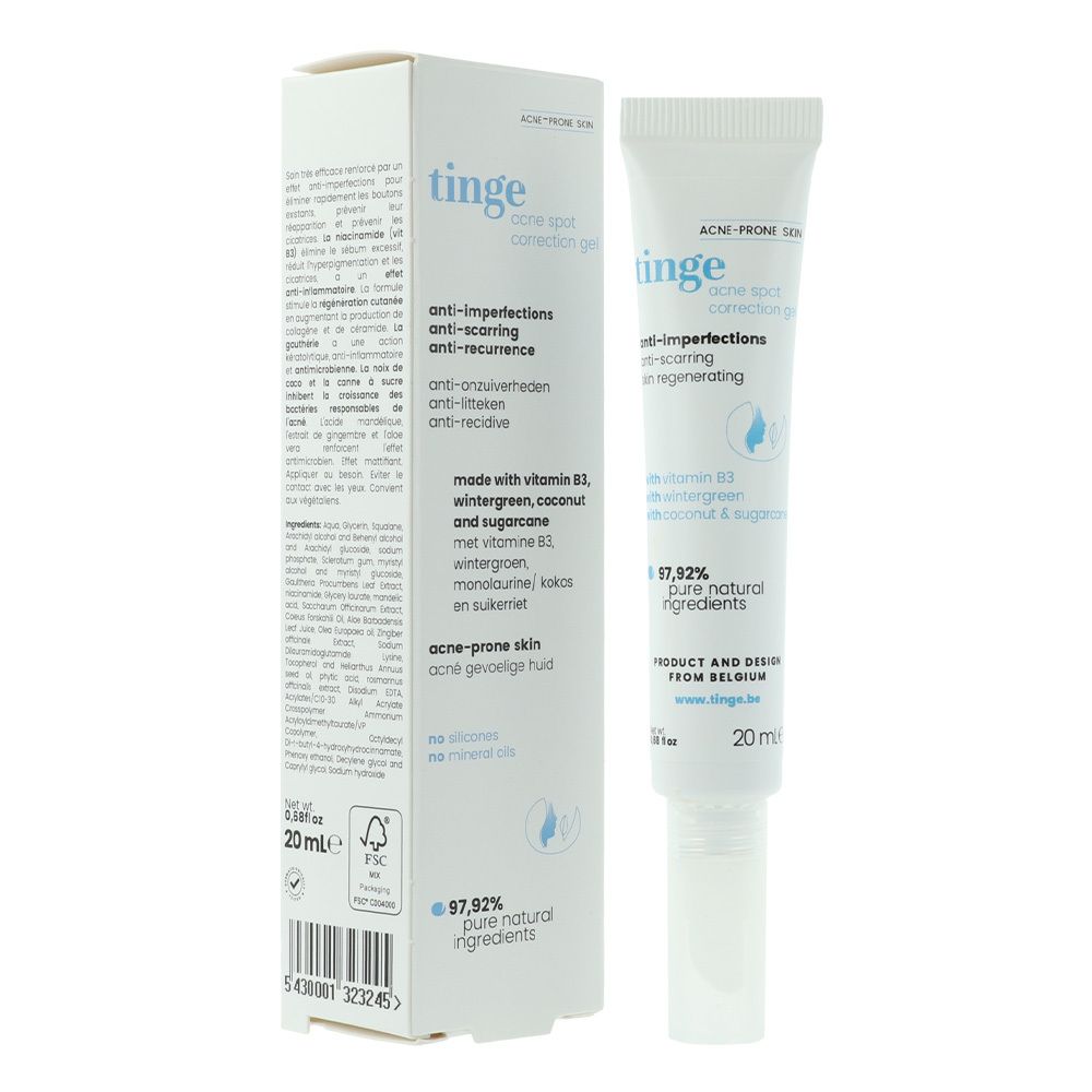 Weißes Akne-Gel-Tuben mit Produktnamen und Inhaltsangaben. Daneben eine weiße Verpackung mit Produktinformationen.