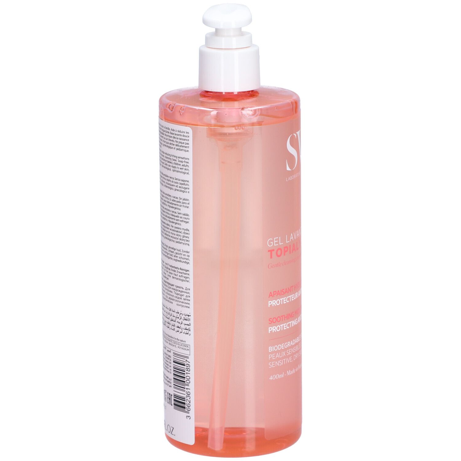 Achterkant van de fles met tekst. SVR, Gel Lavant Topialyse. Transparante fles met doseerpomp.