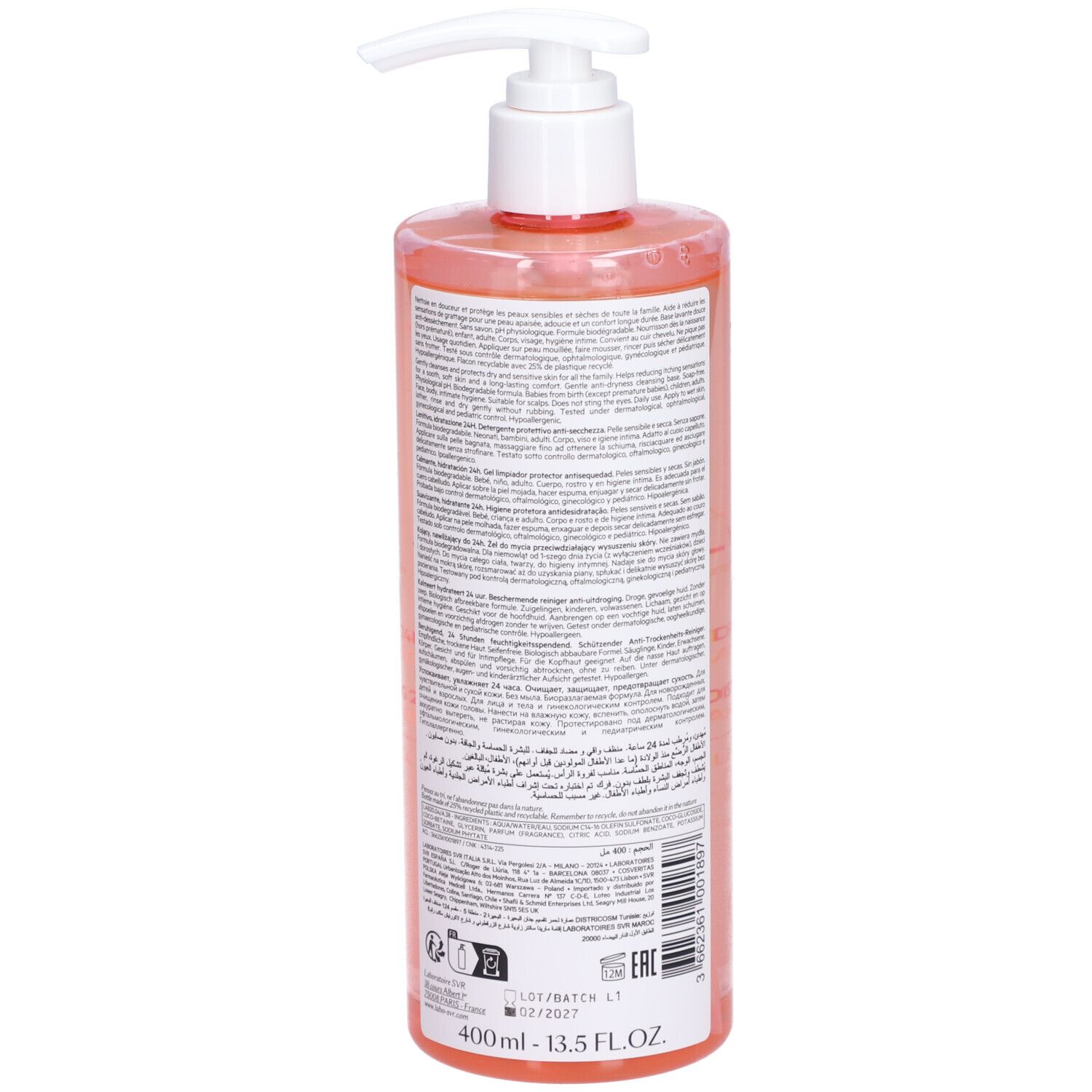 Achterkant van de fles met tekst. SVR, Gel Lavant Topialyse. 400ml. Transparante fles met doseerpomp.