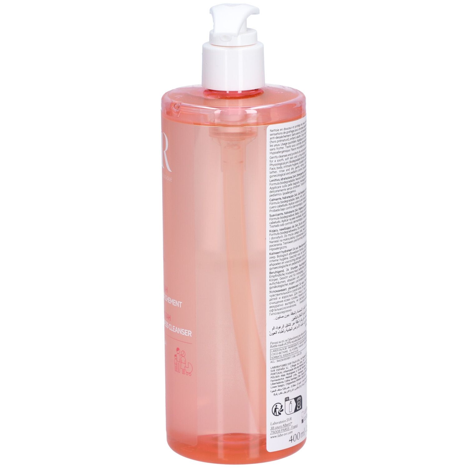 Achterkant van de fles met tekst. SVR, Gel Lavant Topialyse. Transparante fles met doseerpomp.
