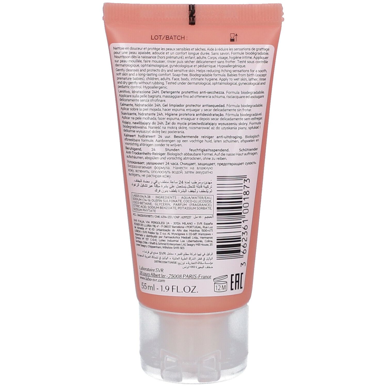 Achterkant van een roze tube. Meertalige tekst. Bevat informatie over ingrediënten, gebruik en fabrikant. Met barcode.
