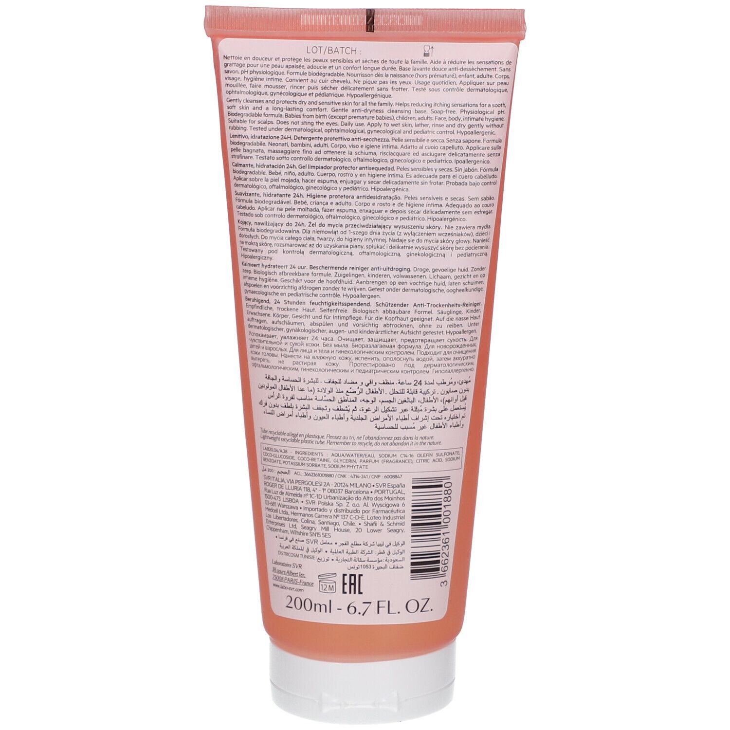 Rückseite einer Tube. Textinformationen in mehreren Sprachen. Produktname und Herstellerangaben. Volumen: 200ml.