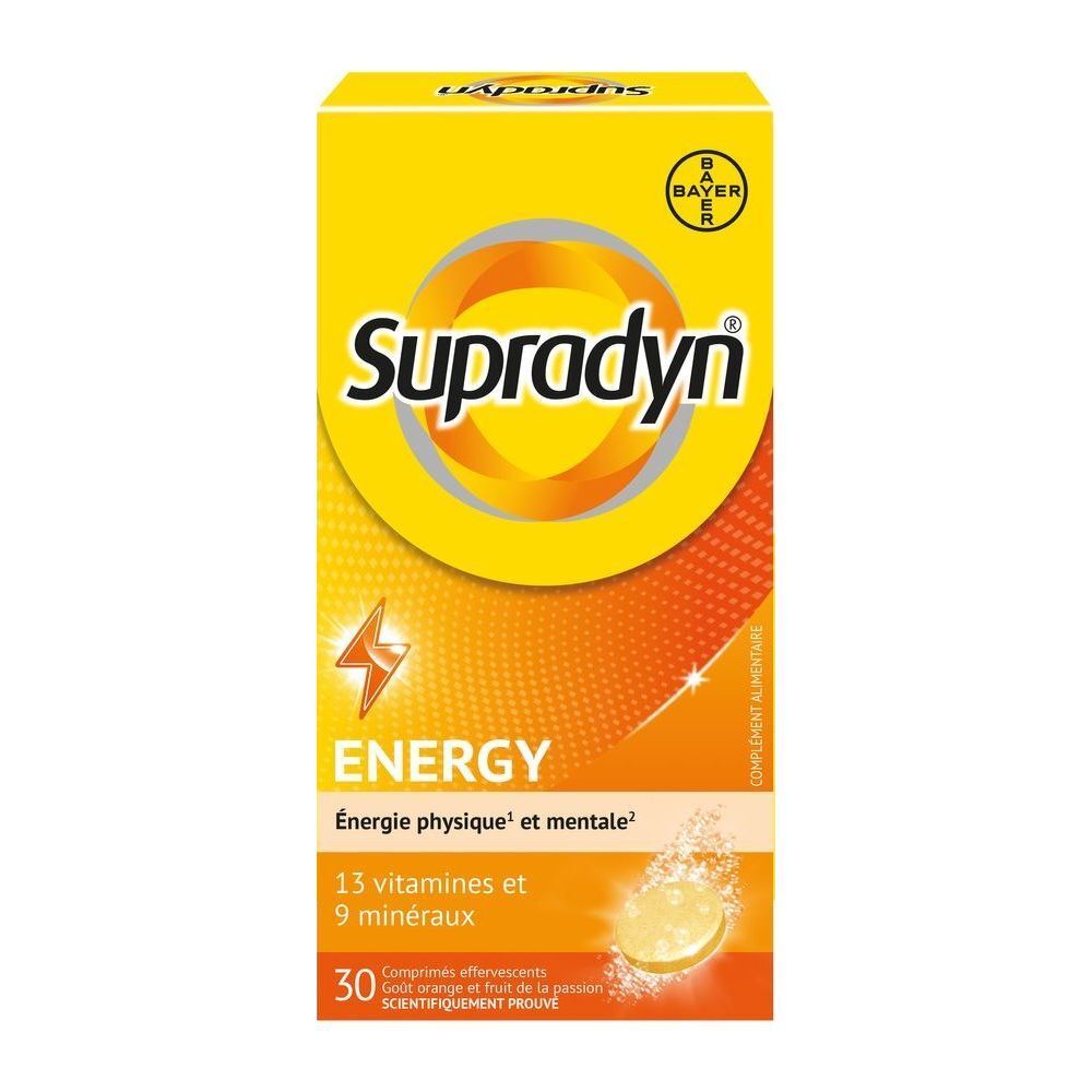 Boîte Supradyn Energy. Boîte jaune avec logo orange. Inscription : Energy, 13 vitamines + 9 minéraux.