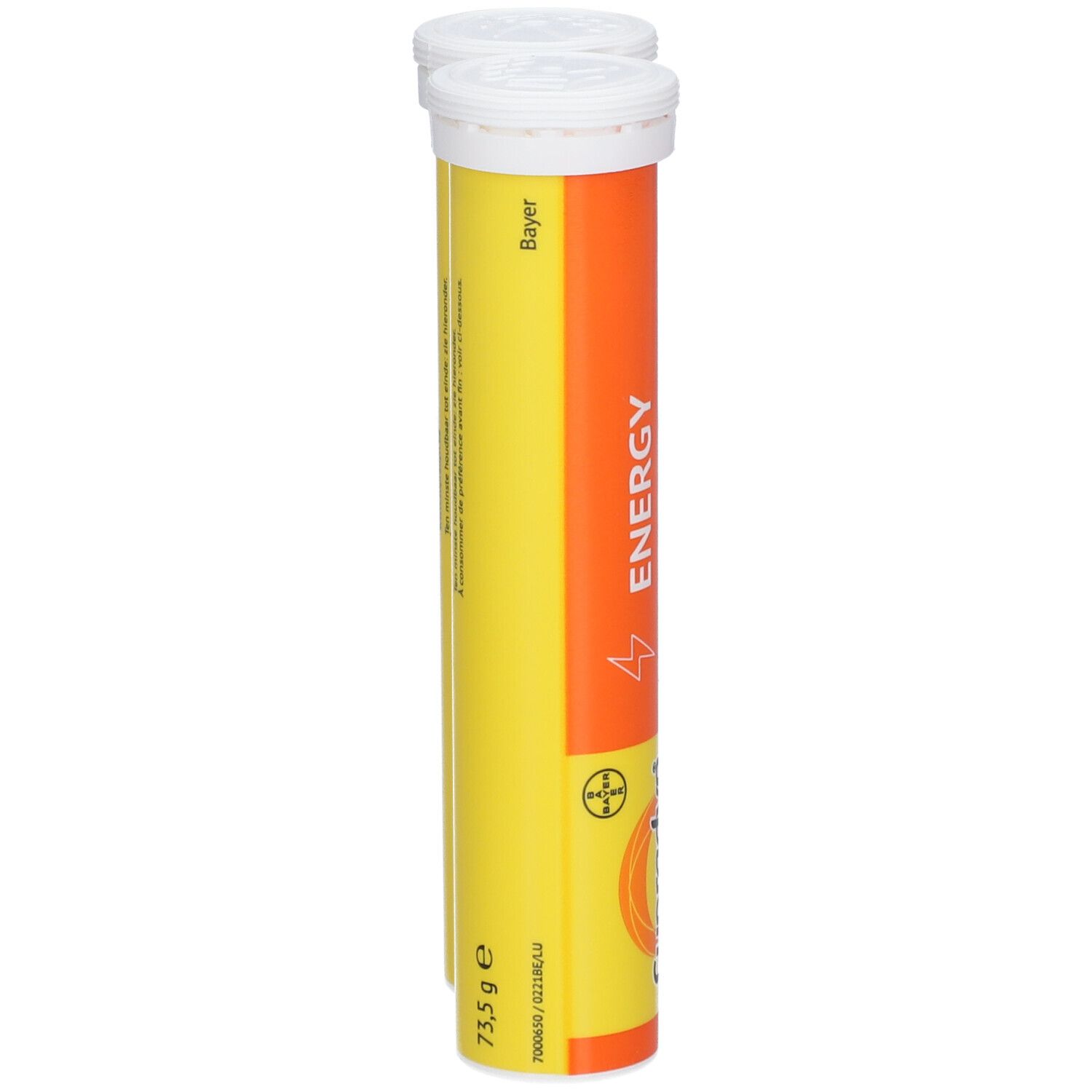 Un tube Supradyn Energy. Tube jaune avec bande orange. Inscription : Energy, logo Bayer.