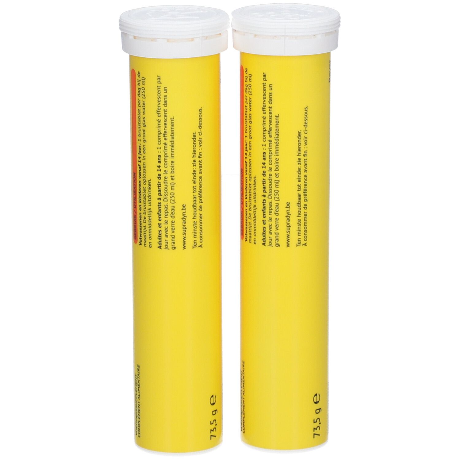 Deux tubes Supradyn Energy. Tubes jaunes avec bouchon blanc. Inscription : Energy, 13 vitamines + 9 minéraux.
