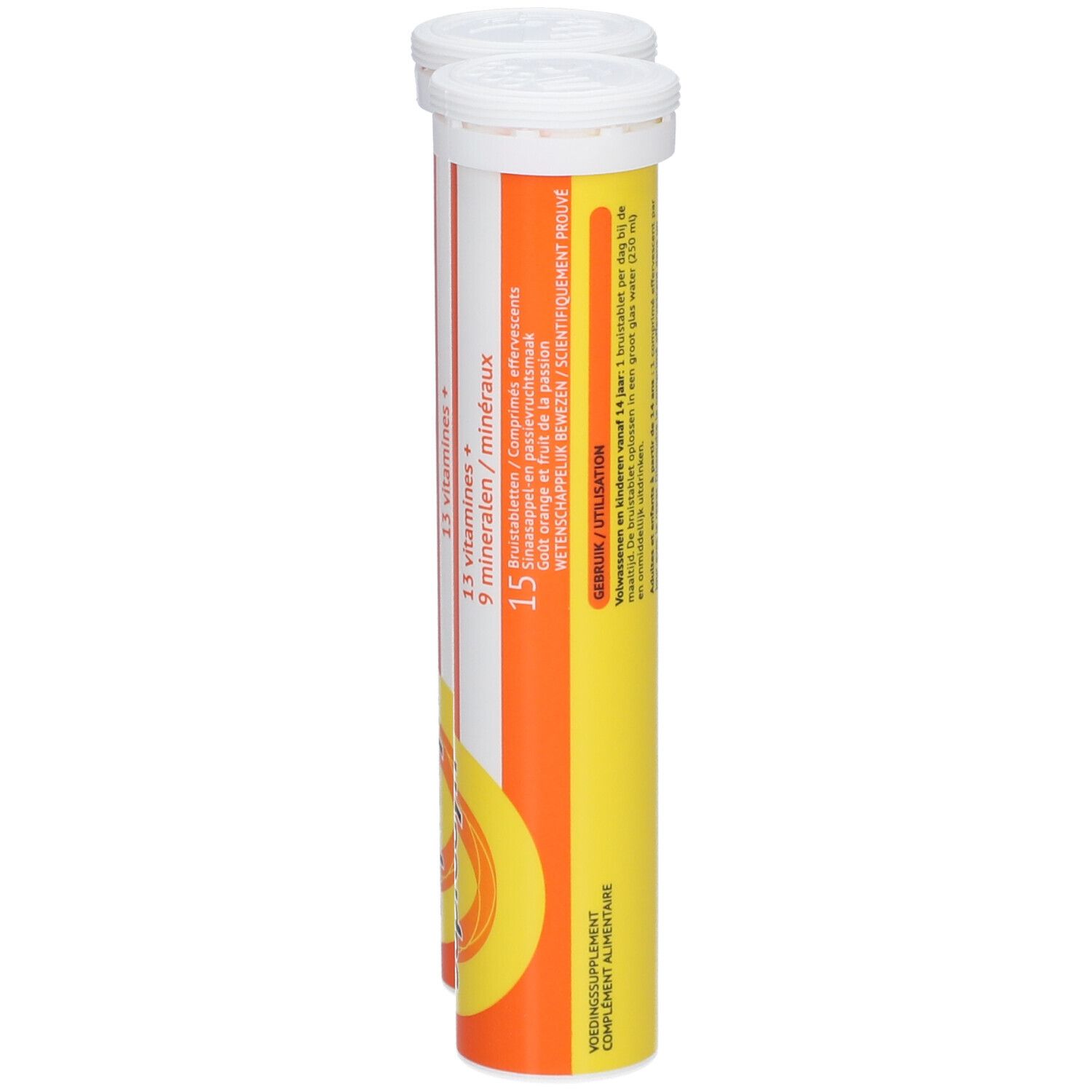 Deux tubes Supradyn Energy. Tubes orange avec bouchon blanc. Inscription : Energy, 13 vitamines + 9 minéraux.