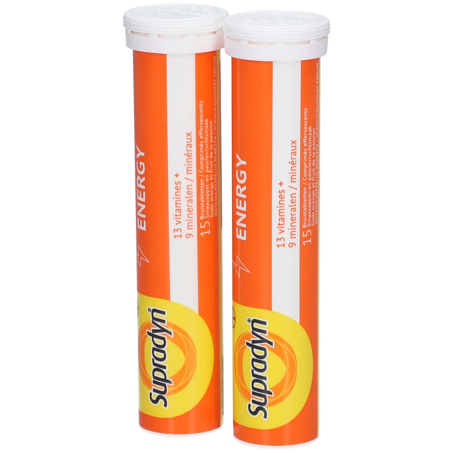 Deux tubes Supradyn Energy. Tubes orange avec bouchon blanc. Inscription : Energy, 13 vitamines + 9 minéraux.