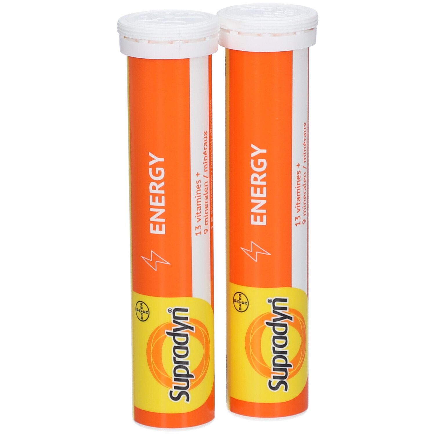 Deux tubes Supradyn Energy. Tubes orange avec bouchon blanc. Inscription : Energy, 13 vitamines + 9 minéraux.