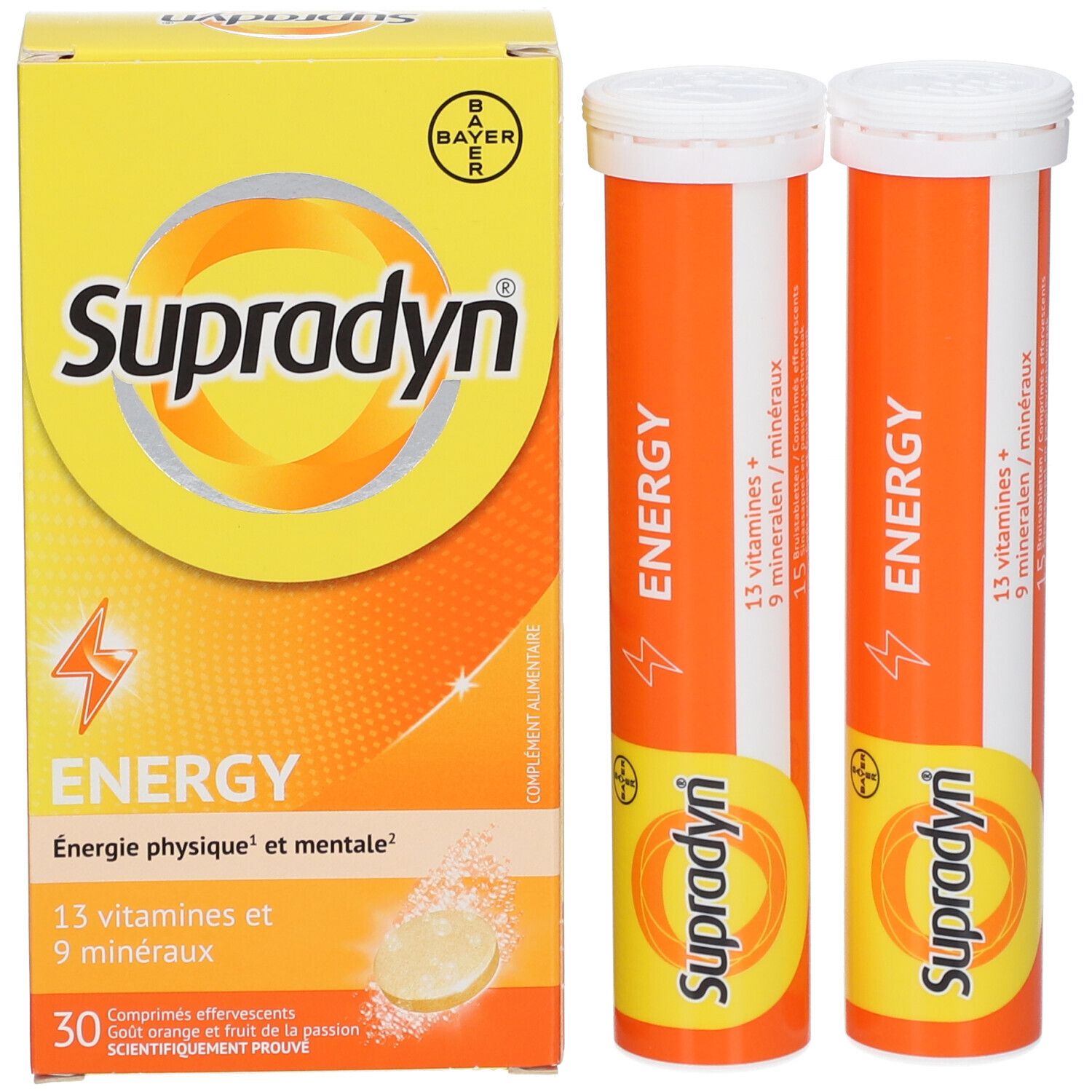Boîte Supradyn Energy et deux tubes. Boîte jaune avec logo orange. Tubes orange avec bouchon blanc.