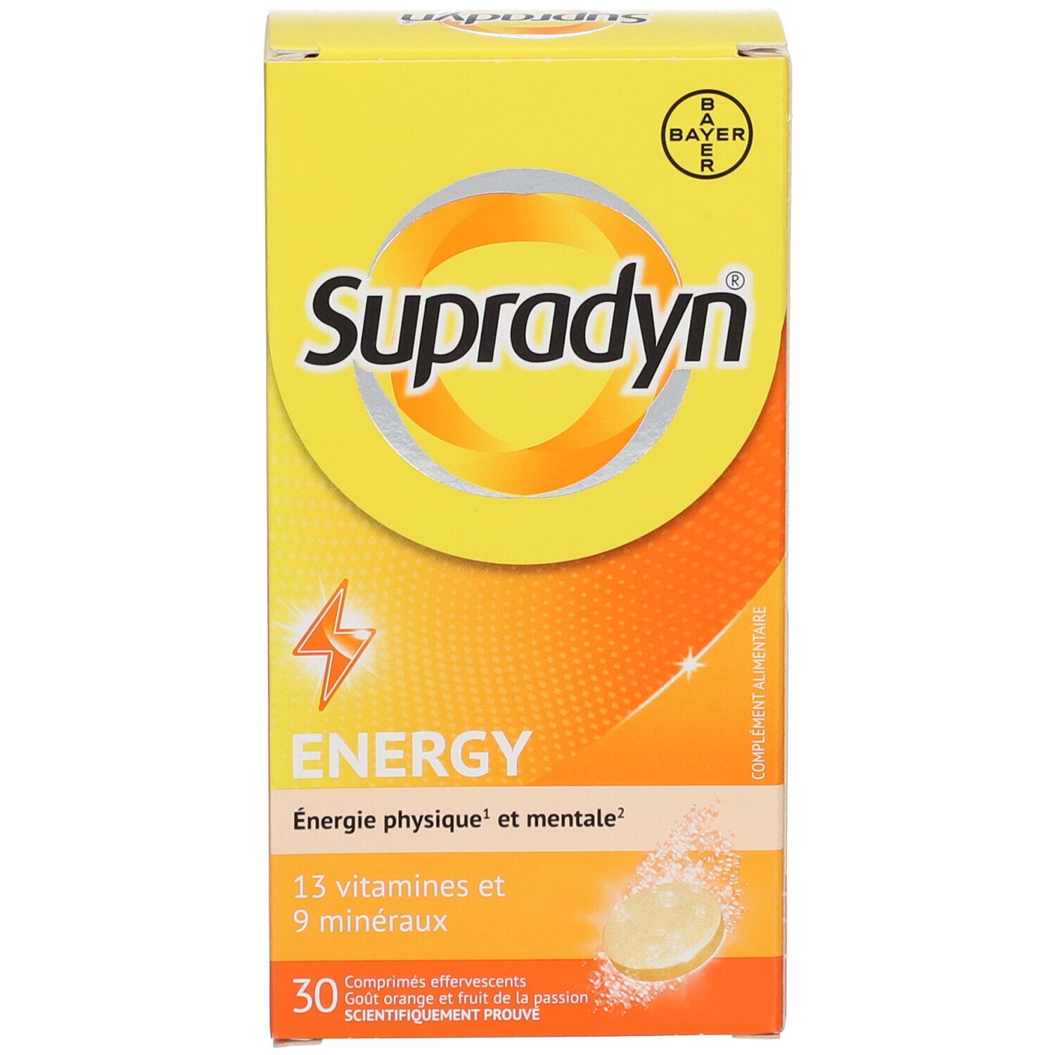 Boîte Supradyn Energy. Boîte jaune avec logo orange. Inscription : Energy, 13 vitamines + 9 minéraux.