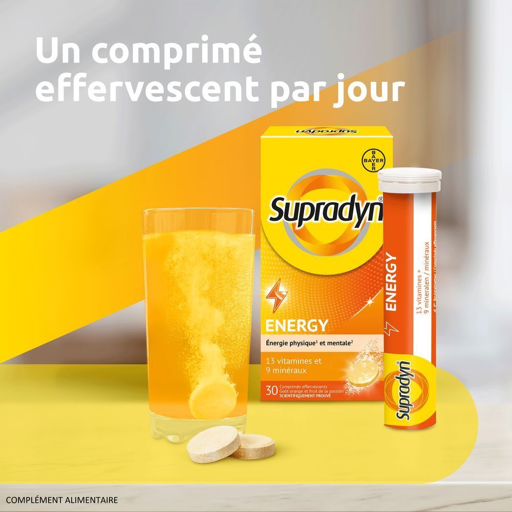 Un verre avec comprimés dissous, boîte et tube Supradyn Energy. Jaune et orange.