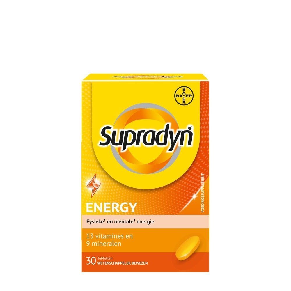 Productverpakking. Opschrift: Supradyn Energy, 30 tabletten, 13 vitaminen + 9 mineralen.