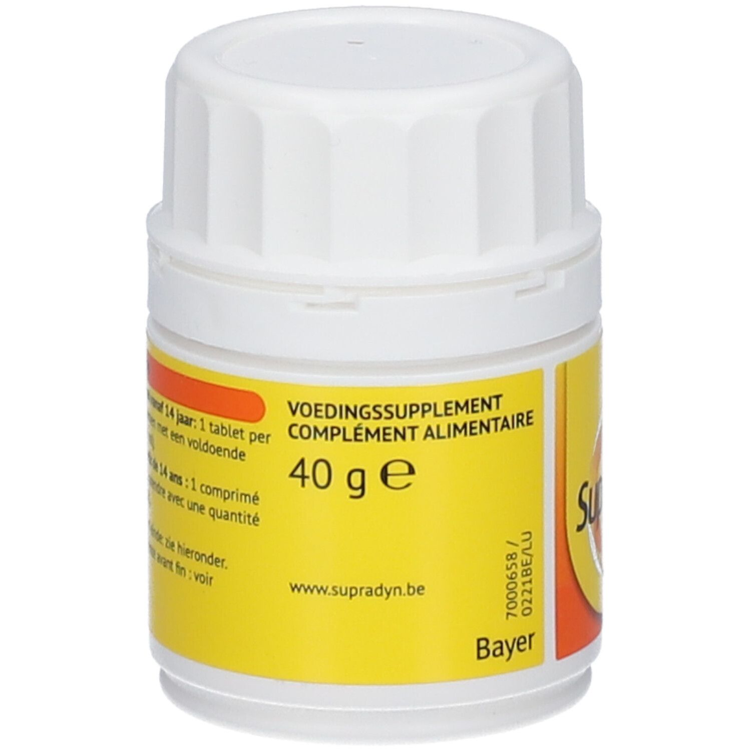 Achterkant van de tablettenpot. Geel etiket met tekst en Bayer-logo. Bevat 40 g.