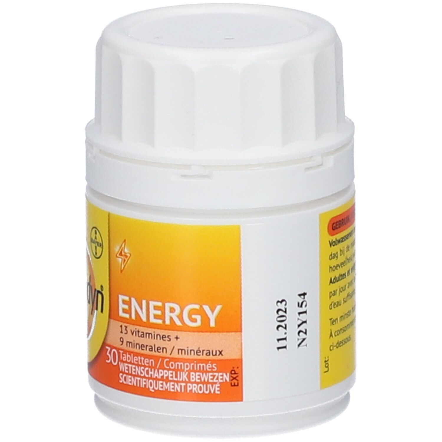 Tablettenpot met geel etiket. Opschrift: Supradyn Energy, 30 tabletten, 13 vitaminen + 9 mineralen.