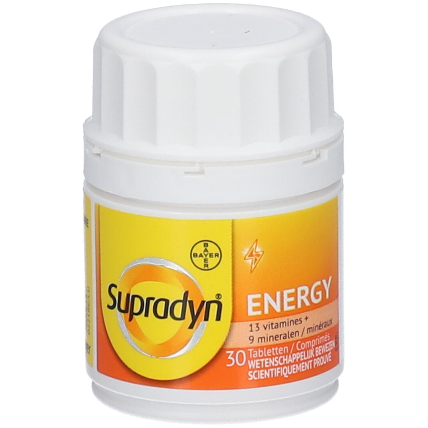 Tablettenpot met geel etiket. Opschrift: Supradyn Energy, 30 tabletten, 13 vitaminen + 9 mineralen.