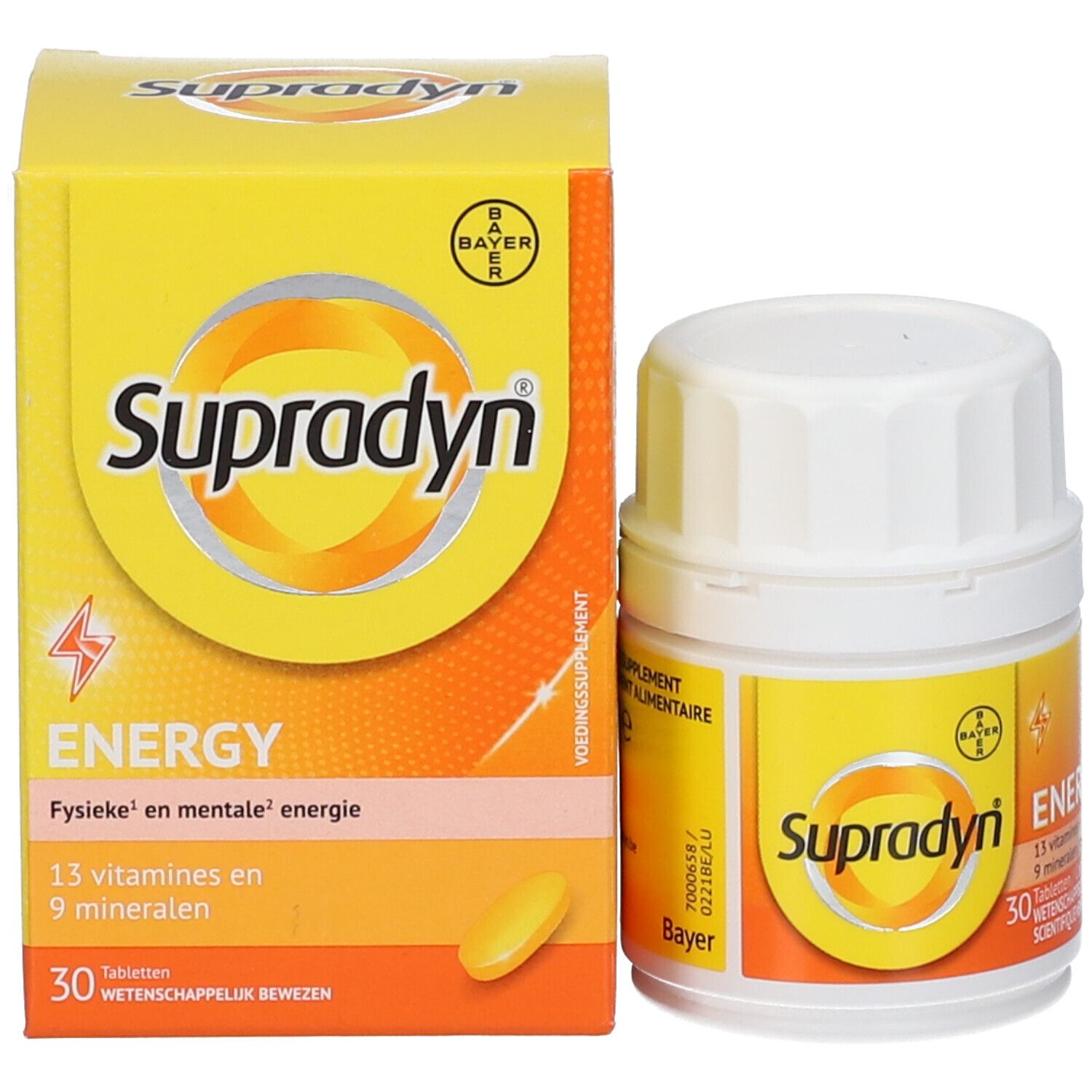Productverpakking en tablettenpot. Opschrift: Supradyn Energy, 30 tabletten, 13 vitaminen + 9 mineralen.
