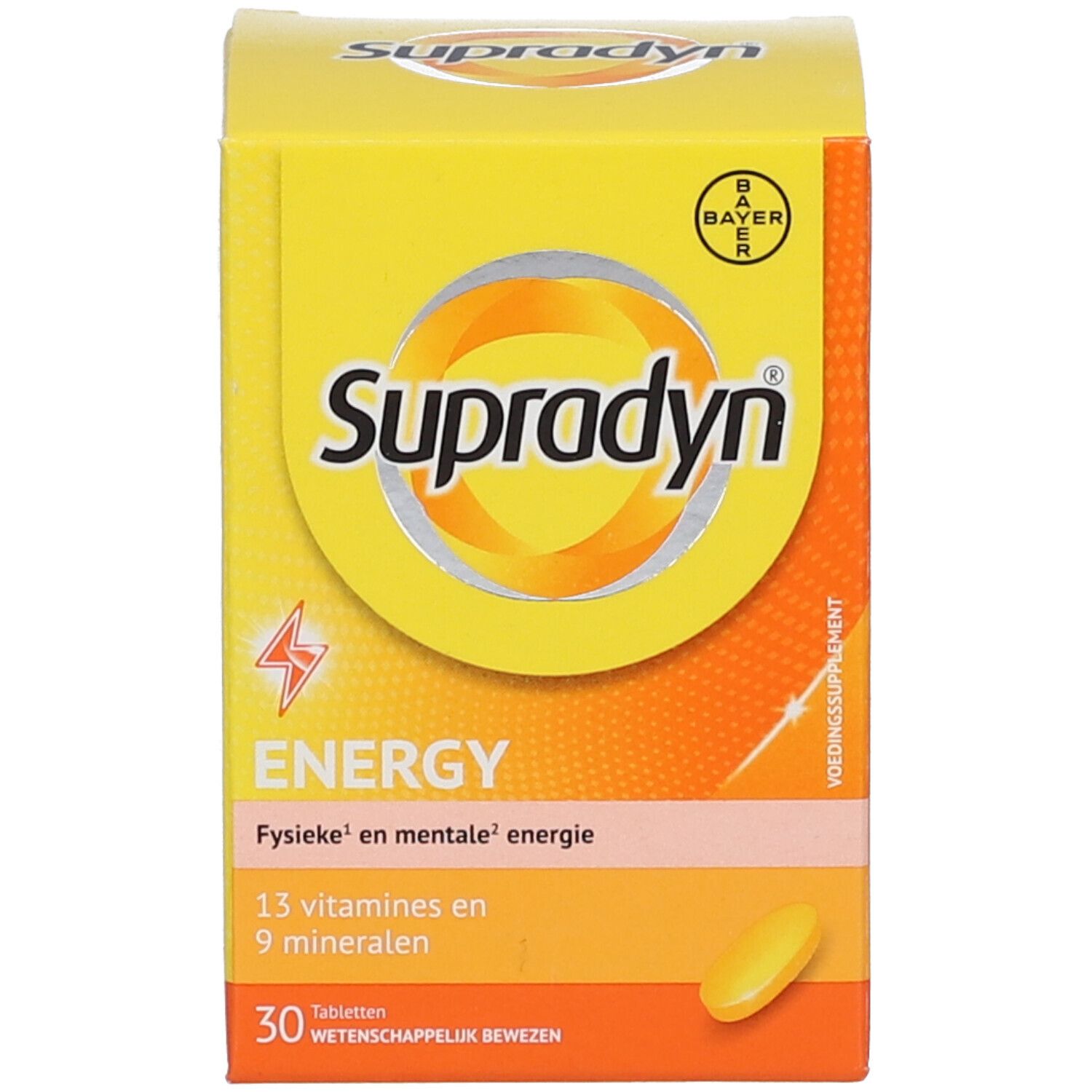 Productverpakking. Opschrift: Supradyn Energy, 30 tabletten, 13 vitaminen + 9 mineralen.