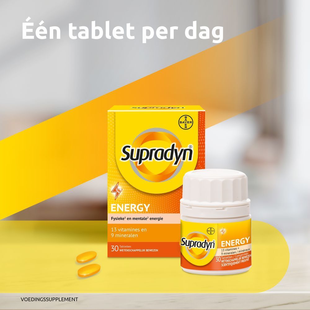 Productverpakking en tablettenpot. Opschrift: Supradyn Energy, 30 tabletten, 13 vitaminen + 9 mineralen.