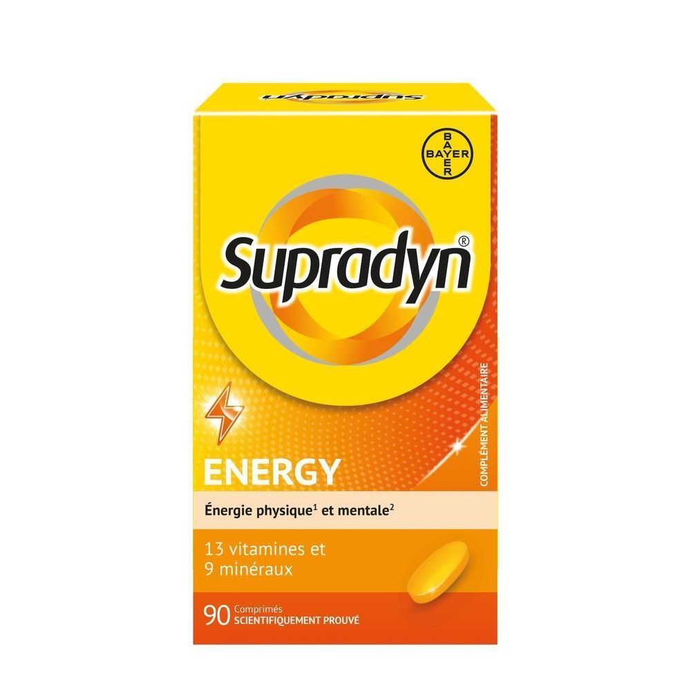 Boîte jaune. Inscription : Supradyn Energy, 90 comprimés, 13 vitamines + 9 minéraux.