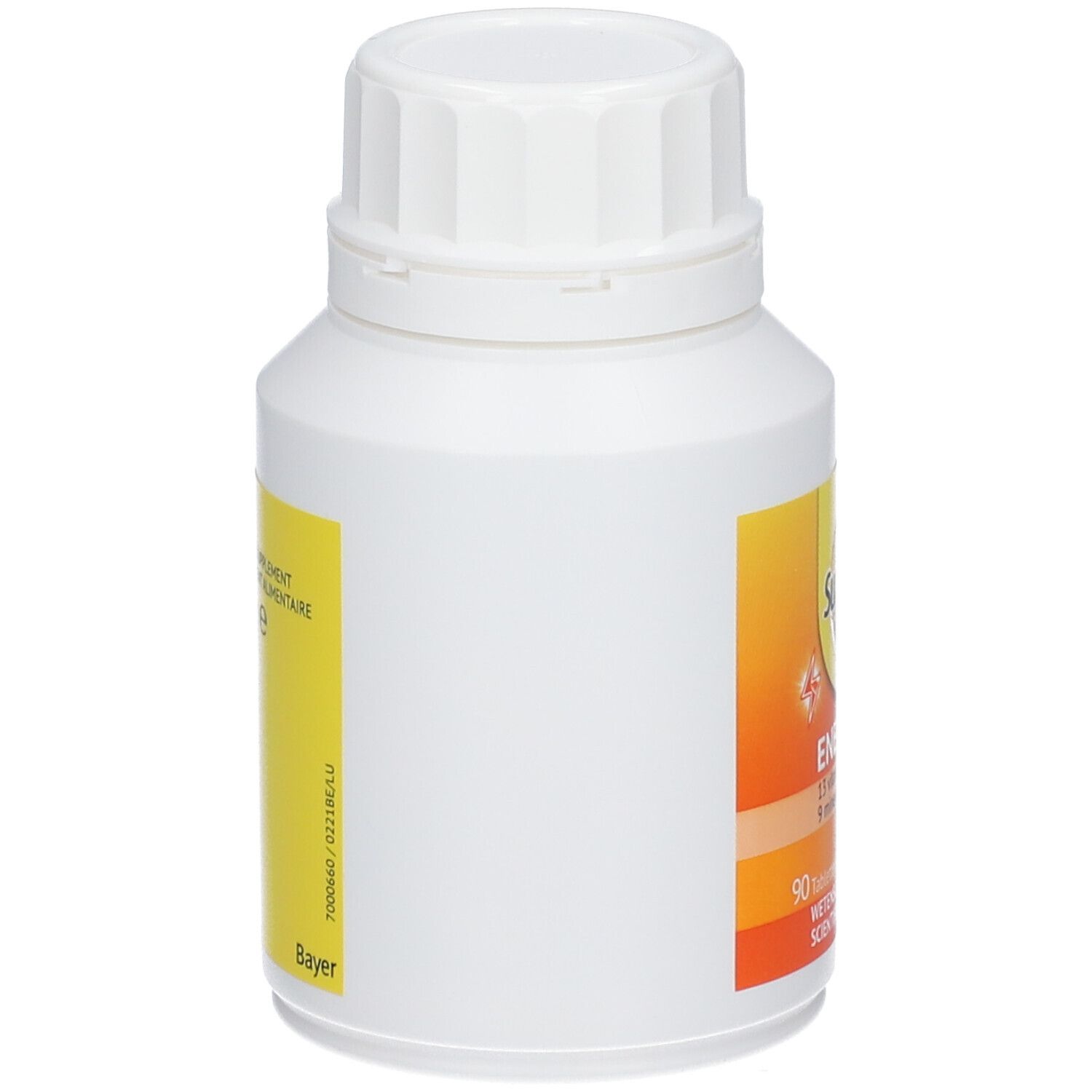 Weiße Flasche mit gelbem Etikett. Aufschrift: Supradyn Energy, 90 Tabletten. Bayer-Logo.