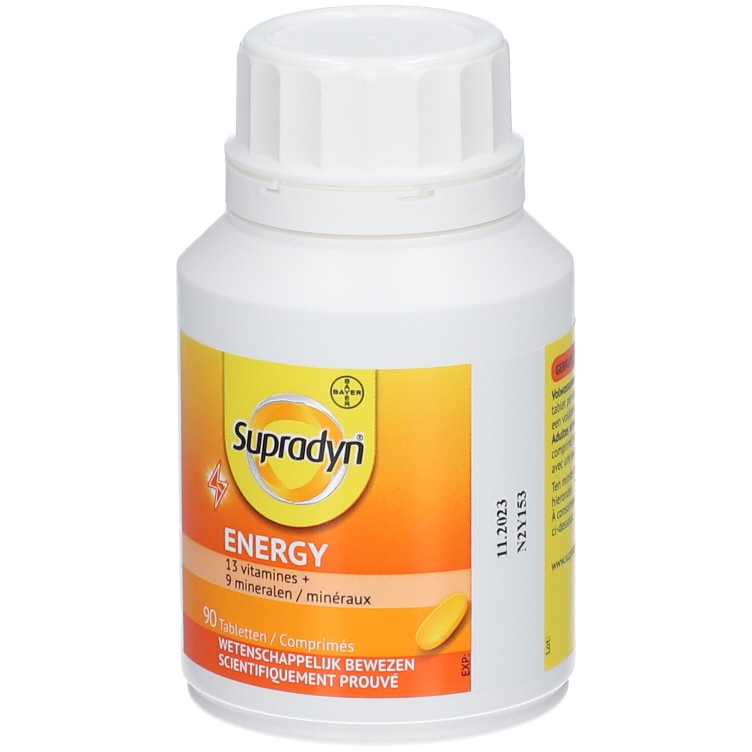Weiße Flasche mit gelbem Etikett. Aufschrift: Supradyn Energy, 90 Tabletten, 13 Vitamine + 9 Mineralien.