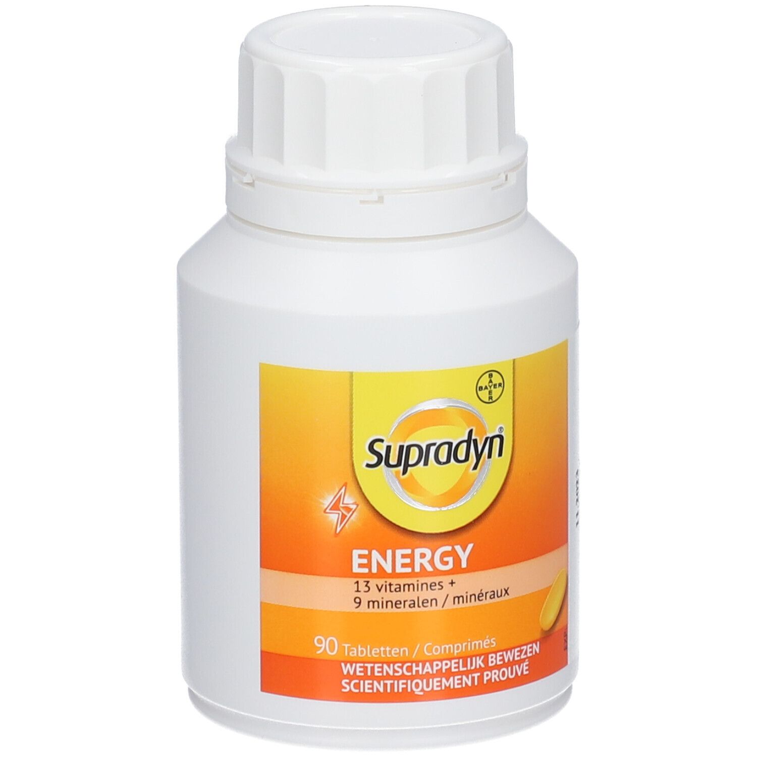 Weiße Flasche mit gelbem Etikett. Aufschrift: Supradyn Energy, 90 Tabletten, 13 Vitamine + 9 Mineralien.