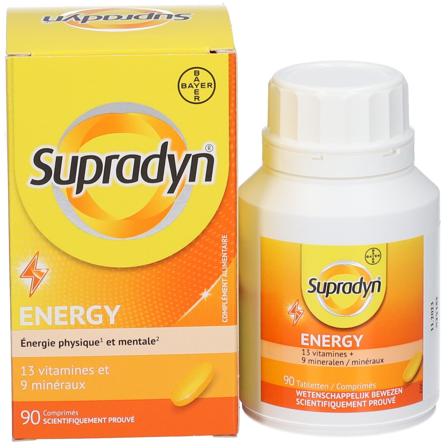 Gelbe Schachtel und Flasche. Aufschrift: Supradyn Energy, 90 Tabletten, 13 Vitamine + 9 Mineralien.