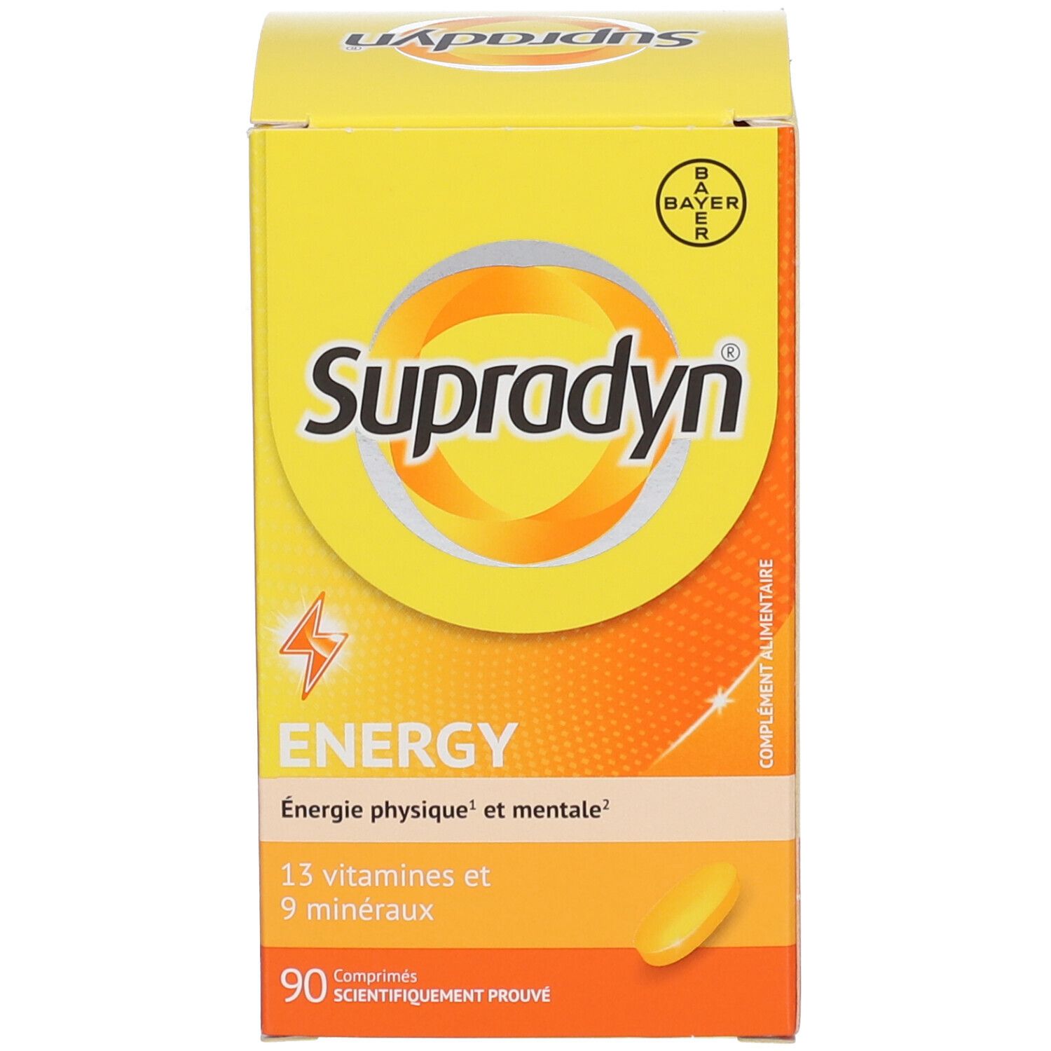 Gelbe Schachtel. Aufschrift: Supradyn Energy, 90 Tabletten, 13 Vitamine + 9 Mineralien.