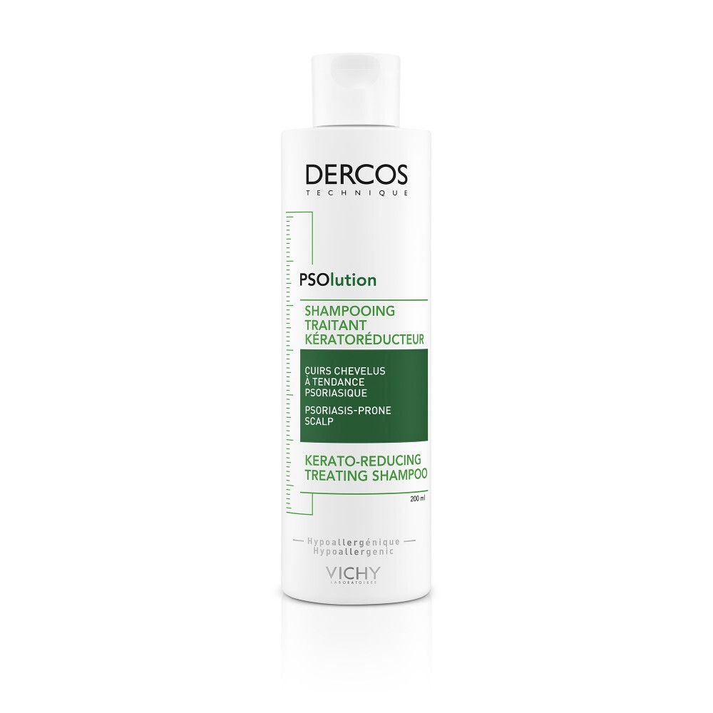 Witte fles. Tekst: Dercos, PSolution, Shampooing Traitant Kératoréducteur. Groen etiket.