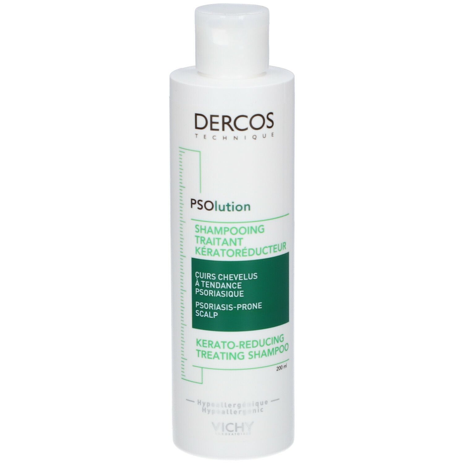 Witte fles. Tekst: Dercos, PSolution, Shampooing Traitant Kératoréducteur. Groen etiket.