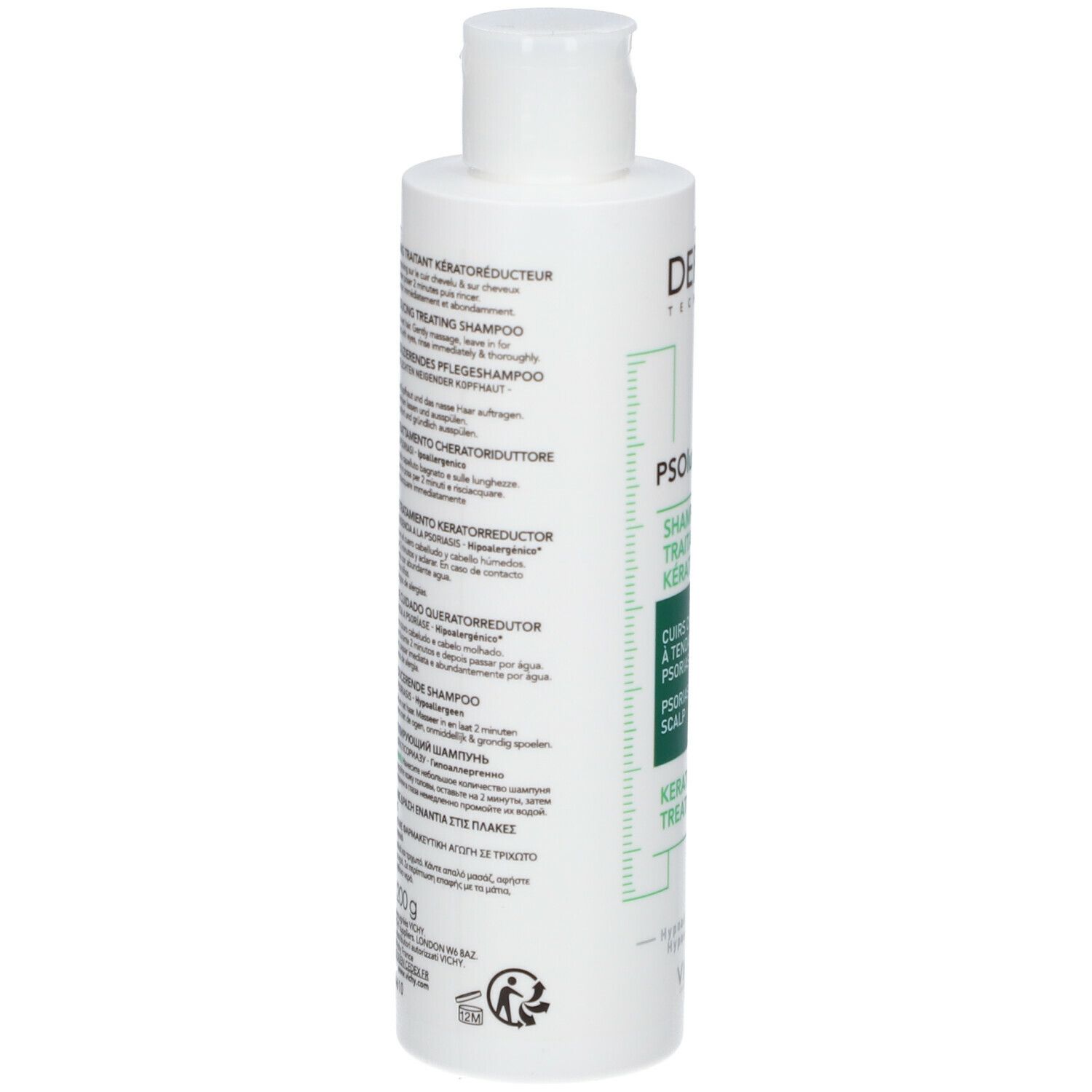 Achterkant van de fles. Meertalige tekst. Volume: 200 ml.