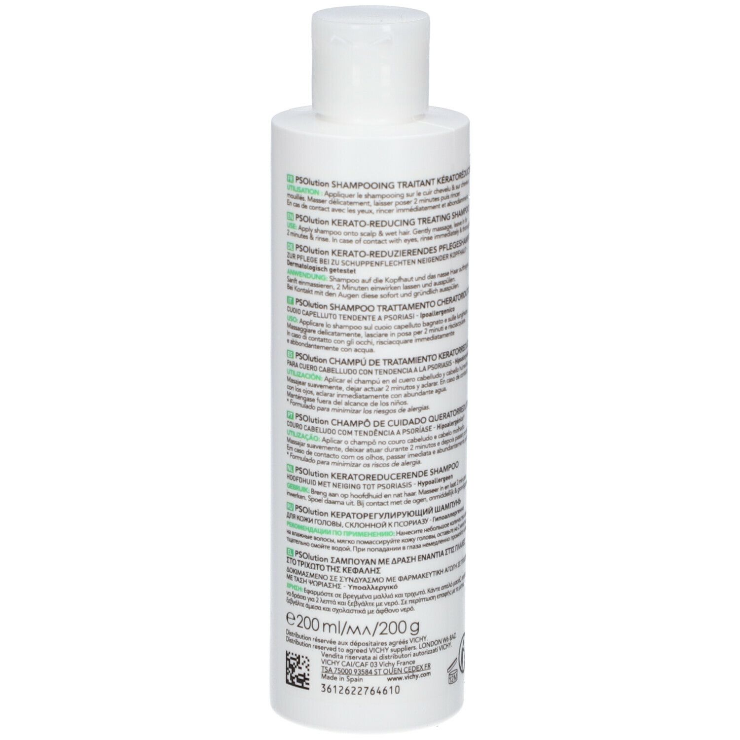 Fles, licht schuin. Tekst: Dercos, PSolution, Shampooing Traitant Kératoréducteur. Groen etiket.