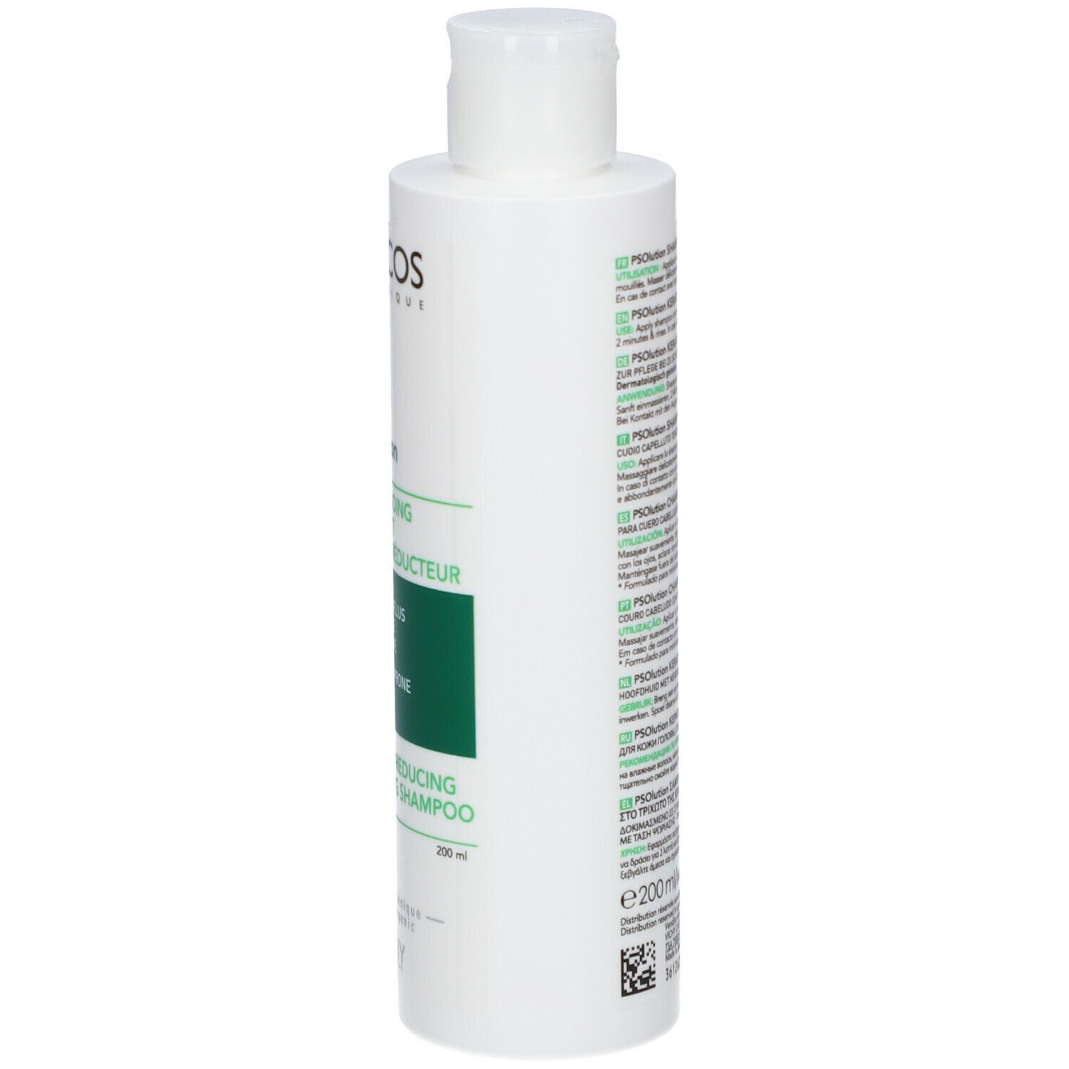 Fles. Tekst: Dercos, PSolution, Shampooing Traitant Kératoréducteur. Groen etiket.