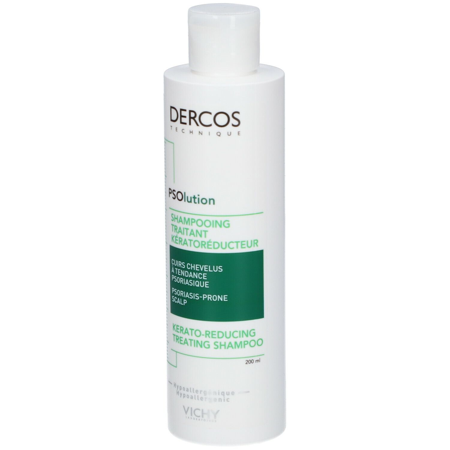 Fles en doos. Tekst: Dercos, PSolution, Shampooing Traitant Kératoréducteur. Groen etiket.