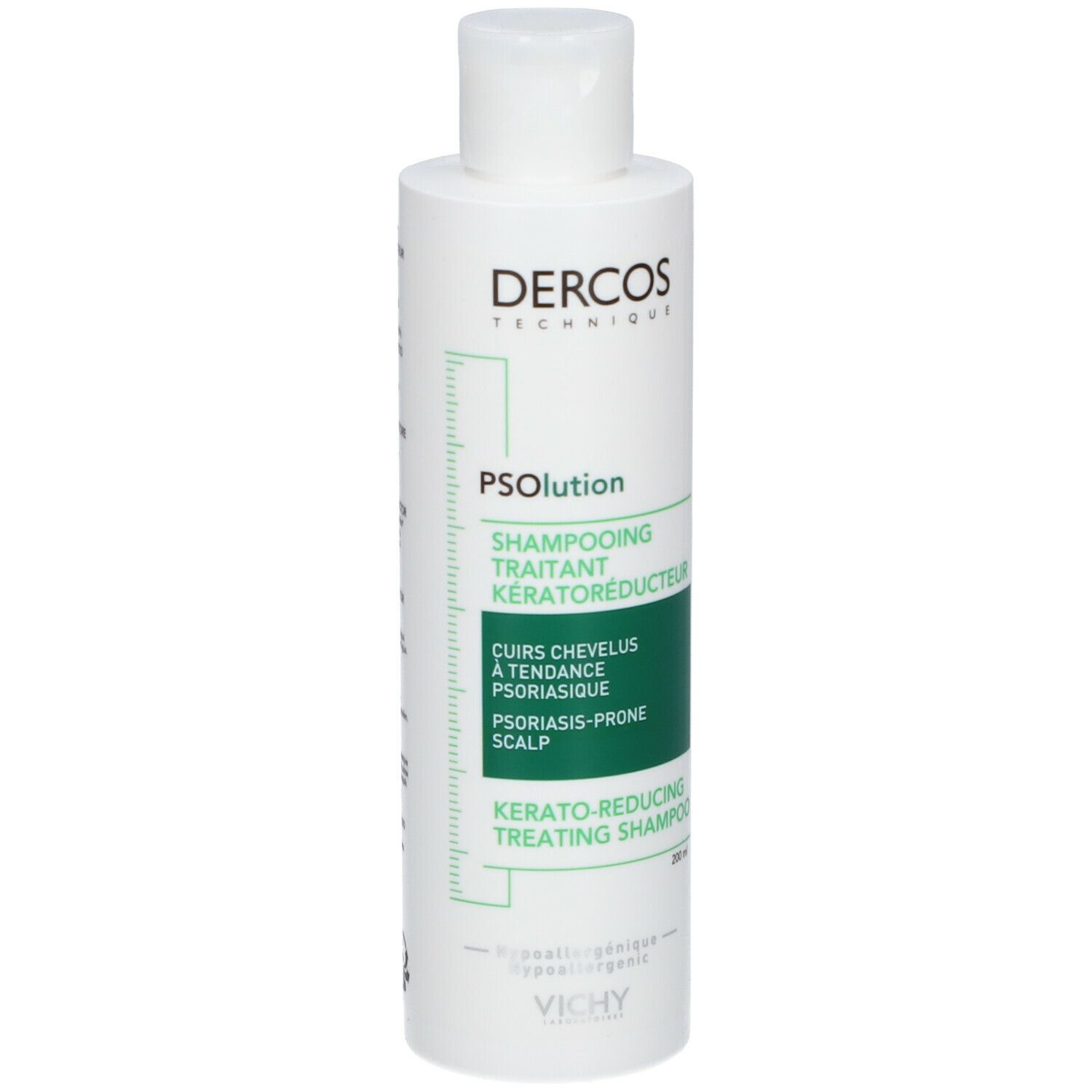 Doos. Tekst: Dercos, PSolution, Shampooing Traitant Kératoréducteur. Groen etiket.