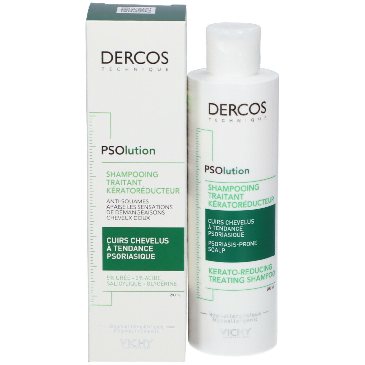 Fles. Tekst: Dercos, PSolution, Shampooing Traitant Kératoréducteur. Groen etiket.