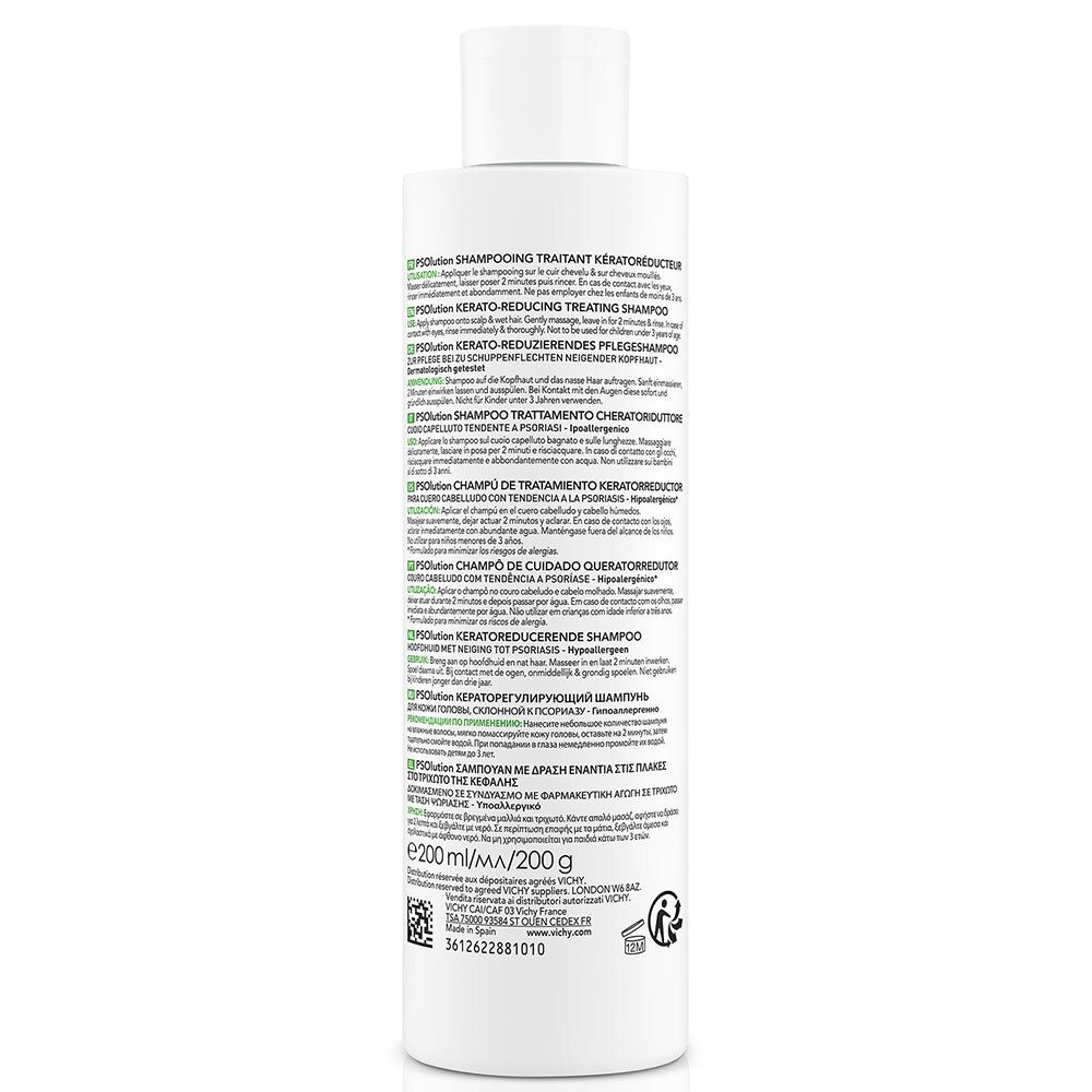 Achterkant van de witte fles. Meertalige tekst. Volume: 200 ml. QR-code en recycling symbool.