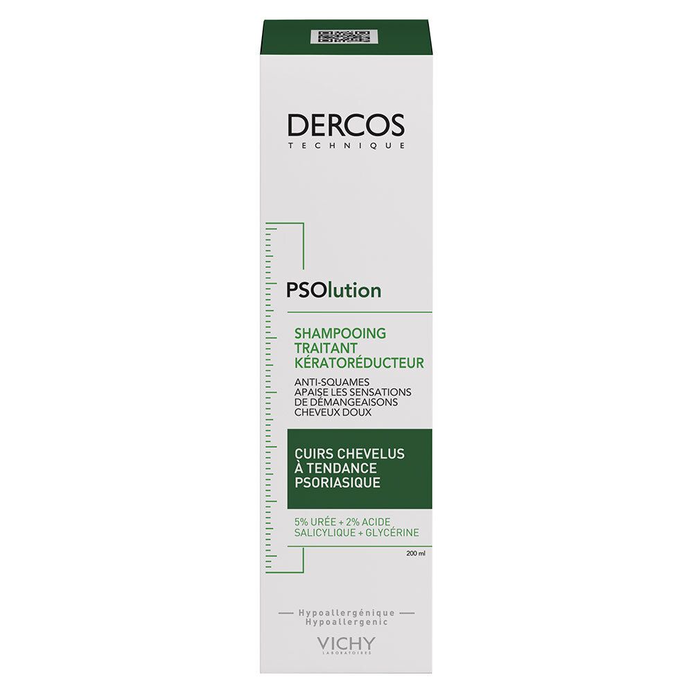 Witte doos met groen etiket. Tekst: Dercos, PSolution, Shampooing Traitant Kératoréducteur. Ingrediënten.