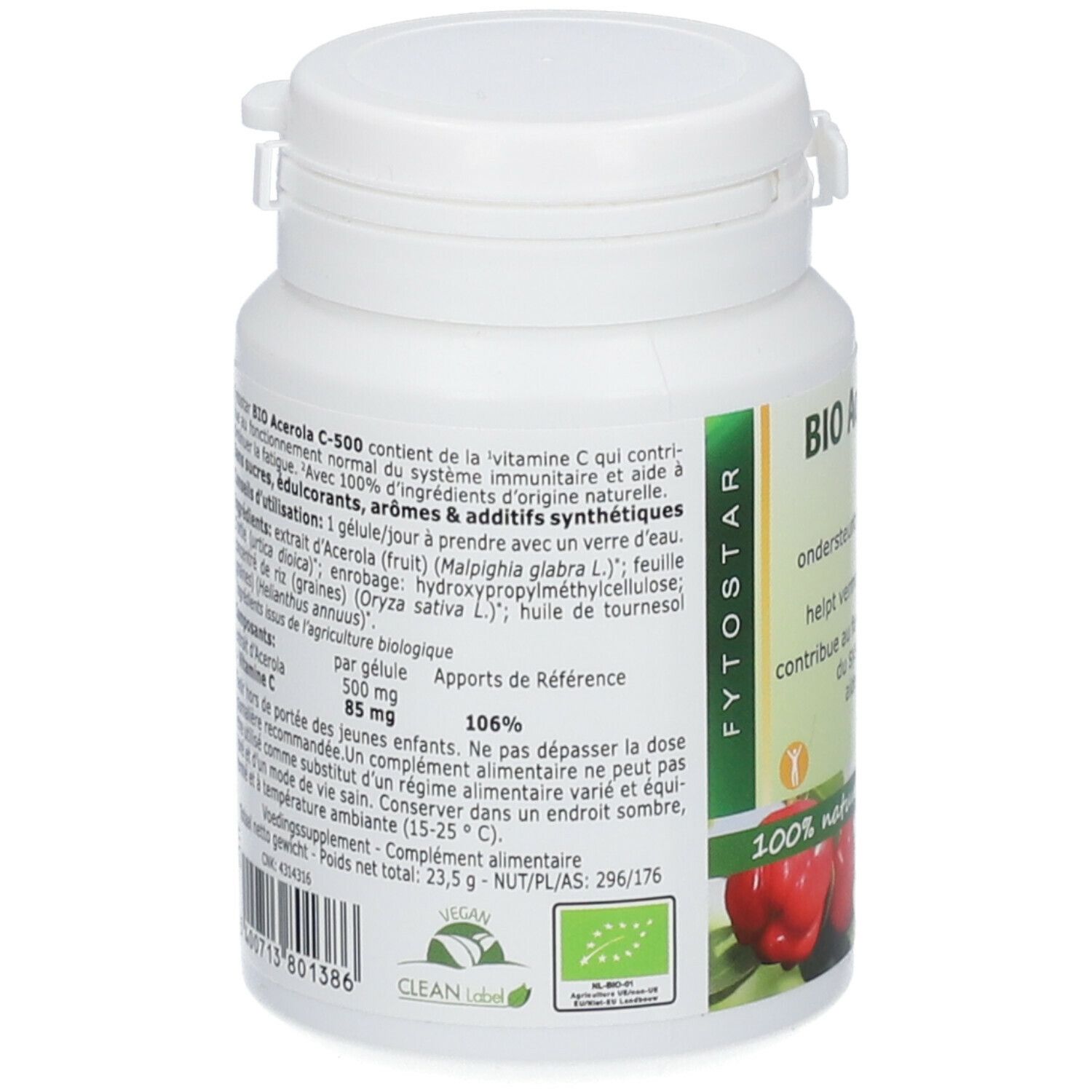 Achterkant van de witte fles. Tekst: BIO Acerola C-500. Ingrediëntenlijst, voedingswaarde-informatie, vegan keurmerk, Clean Label keurmerk.