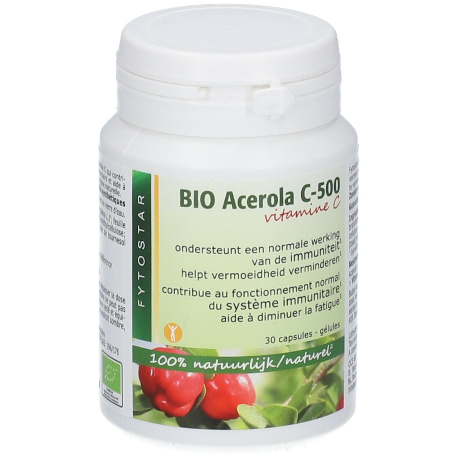 Witte fles met capsules. Opschrift: BIO Acerola C-500 vitamine C. 100% natuurlijk. Afbeelding van acerola kersen.