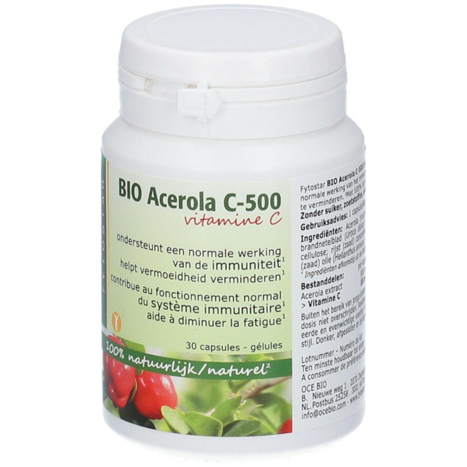Witte fles met capsules. Opschrift: BIO Acerola C-500 vitamine C. 100% natuurlijk. Afbeelding van acerola kersen.