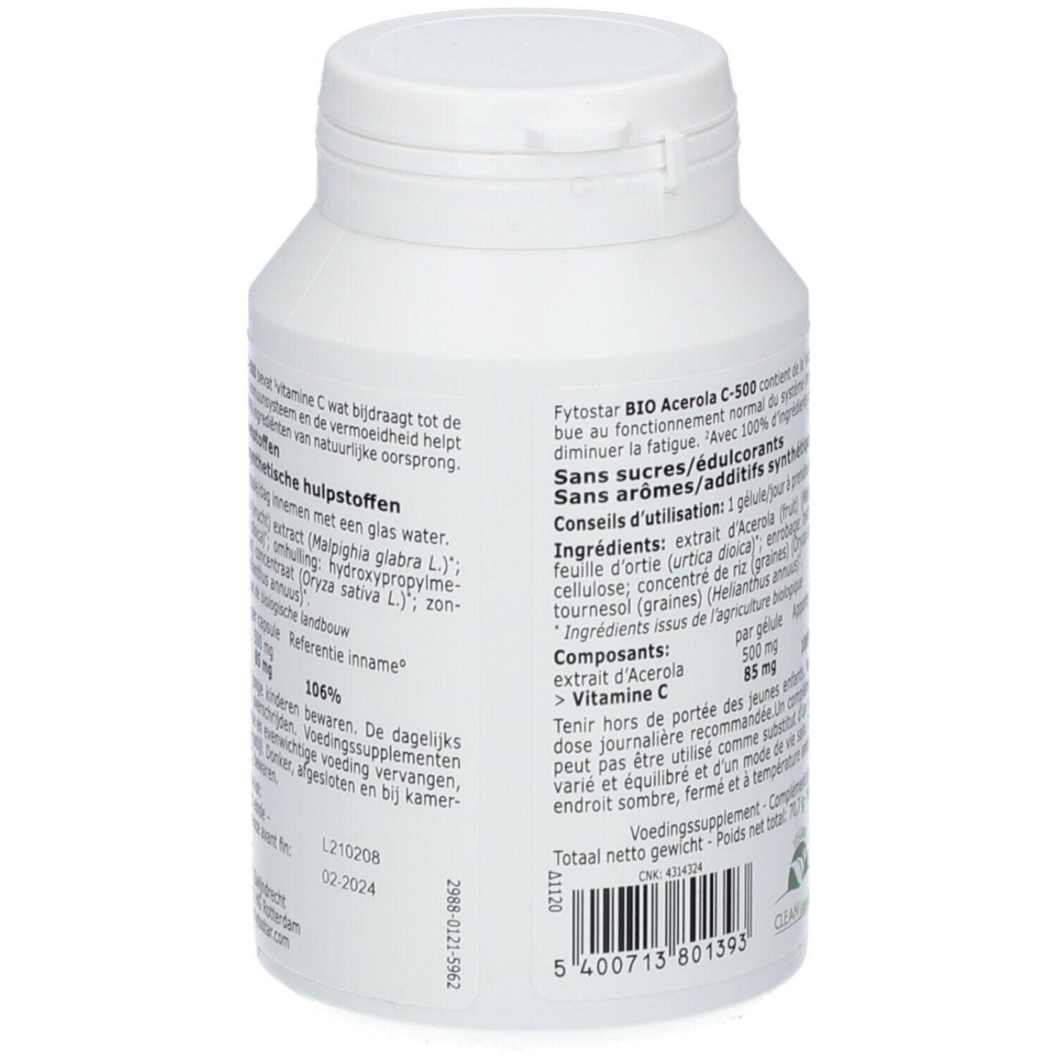 Dos du flacon blanc. Texte avec ingrédients et dosage. Informations en allemand, français et néerlandais.