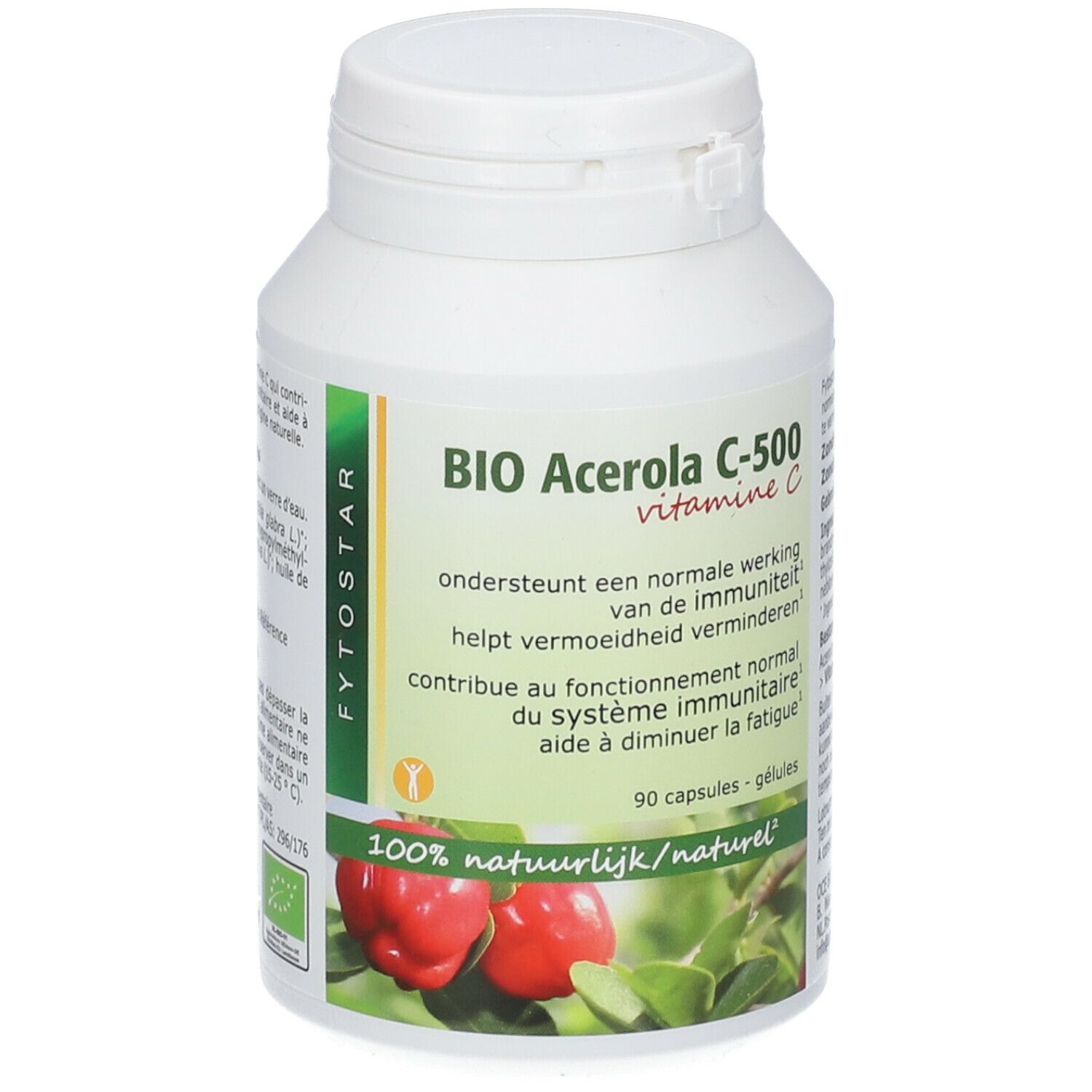 Flacon blanc de gélules. Inscription: BIO Acerola C-500 vitamine C. 90 gélules. Illustration de cerises d'acérola.