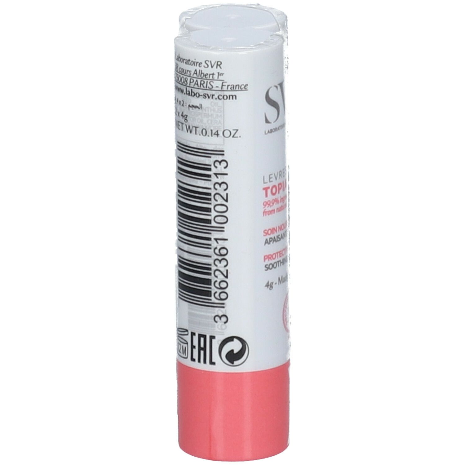 Stick à lèvres avec bouchon blanc et embout rose. Inscription : SVR, TOPIALYSE. Code-barres et autres informations sur le stick.